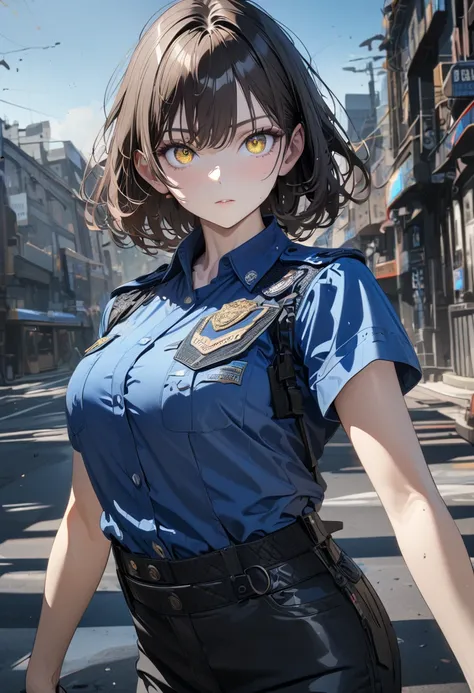 adult woman, short dark brown hair, yellow eyes, blue police shirt, short sleeves, police jacket, black trousers, Masterpiece, best quality, Full HD, 8k, ultra details, great graphic, detailed eyes, beautiful eyes, beautiful face, beautiful clothes, beauti...