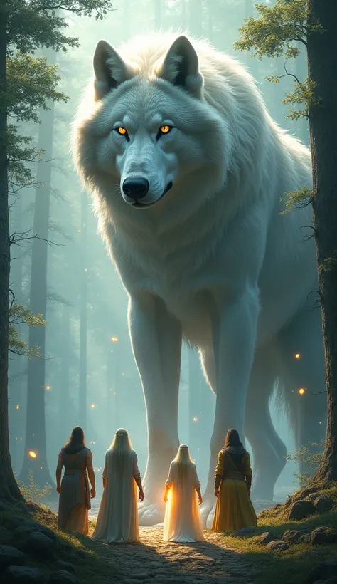 Create an image of the Norse gods training and allowing Fenrir, the mighty wolf of mythology, to grow. The gods should be depicted as wise and patient, encouraging the wolf in a harmonious environment. Fenrir should appear large, powerful, and strong, with...