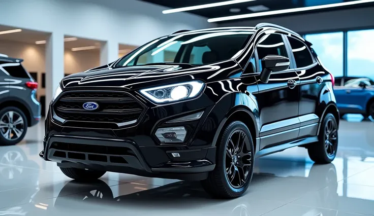 Fornt  side view of painted (Gleamy creamy  black )with shiny clour  New (   2025Ford EcoSport)Officially  sleek in large shape sedan in large size with (2025Ford EcoSport ) its large detailed grille in shiny white clour with angular sporty design captured...