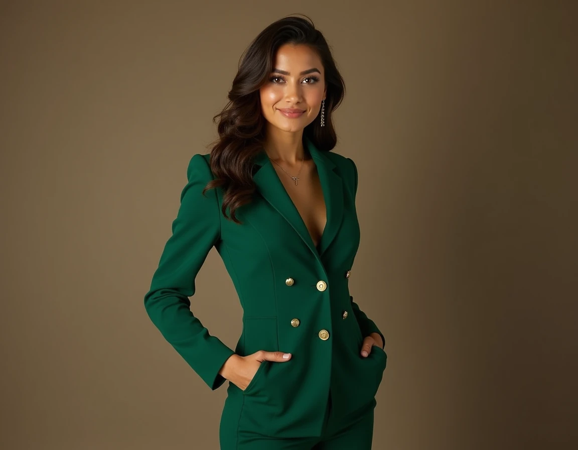 Beautiful Latin girl, wearing an elegant green desk uniform, Standing looking at the front camera in speaker position with hands in pockets