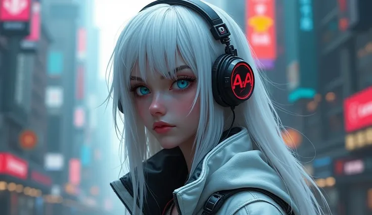 a realistic girl of 20 or 30 years old ,  long white hair , jacket brillante estilo ciberpunk, gaming helmets , jacket, open clothes,  challenging face realistic blue eyes 