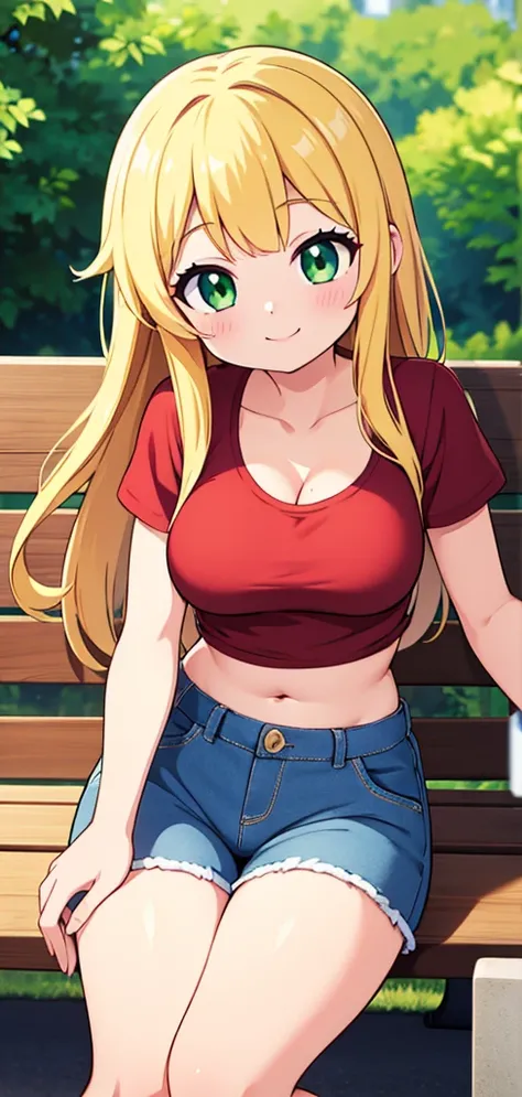 1girl, Solo, High Resolution, Smile, long hair, pated bangs, Blonde Hair, High Resolution, High Details, UHD, Super Detailed, HD, Breasts, mediume breasts, Smile, green eyes, red t shirt, short sleeves, white jeans, midriff, navle, cleavage, day, bench, si...