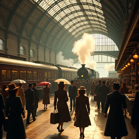 A historic European train station from the late 19th century, crowded with passengers dressed in period clothing. The scene showcases ornate ironwork, high arched ceilings, and steam from an old locomotive on the tracks. Vendors are selling newspapers and ...