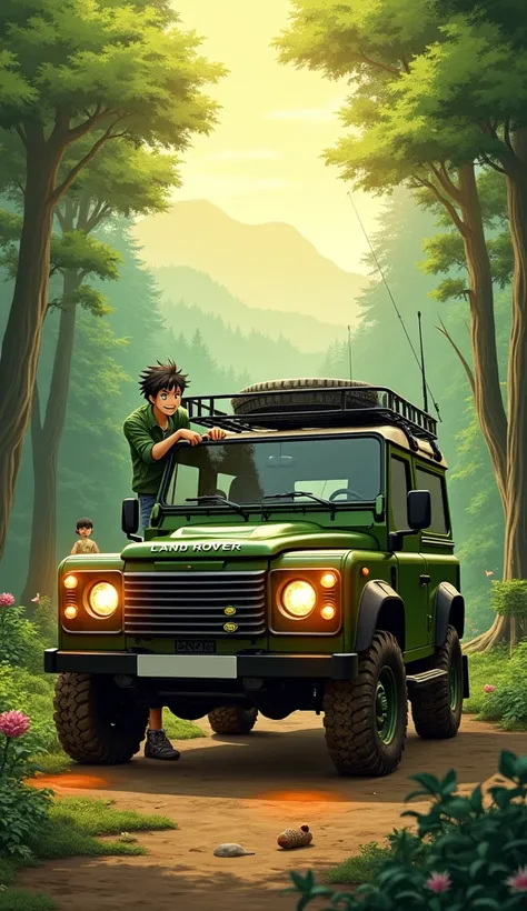 Gon Freecss from Hunter x Hunter standing beside his rugged yet stylish Land Rover Defender in a lush, dense forest setting bathed in the golden light of dawn. The car is painted in a deep forest green with subtle black accents, seamlessly blending into th...