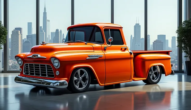 Create an image of the "19 57 New Chevrolet C10 Pickup Truck".the color is shiny orange, Modern showroom design with large glass window showing the attractive view of the city.