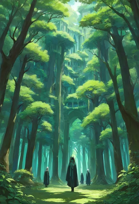  in a dense forest of thick and old trees that hide houses from a hidden city and in harmony with nature are found in slats with peculiar colors blue, green and white, three hooded figures, also wearing these colors, walk in the midst of all the chaos, ser...