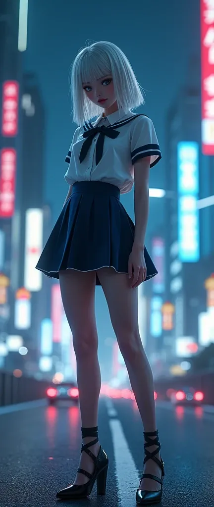 (【8k,  original photo, masterpiece:1.3), (realistic, Realistic:1.37), (night), ( staring at the viewer:1.331), (white hair), pose, Tokyo Highway, nightcityscape,  cyberpunk city,  Soft Light , 1girl,  Extremely beautiful face , [ full body portrait,  Put Y...