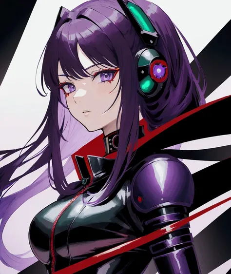 a beautiful anime girl in a black and red leather catsuit, dark green shoulderpads, highly skilled and cool ace pilot, shoulder-length purple hair, big expressive purple eyes, delicate features, in a futuristic sci-fi setting, intricate mechanical backgrou...