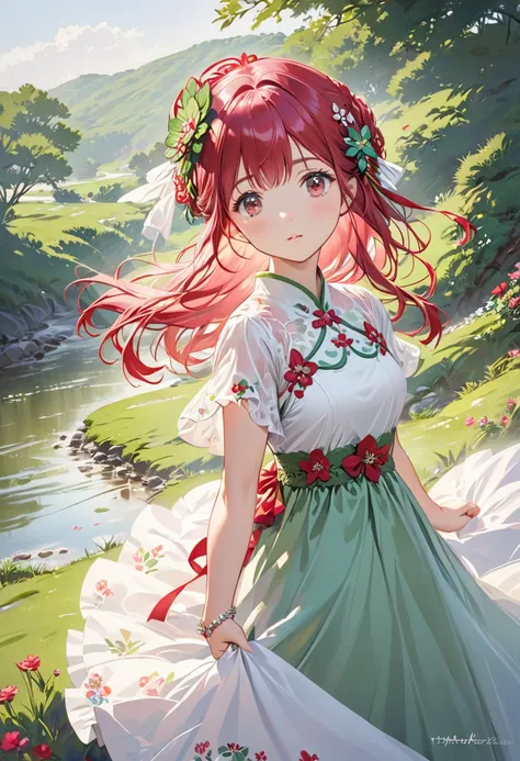 (  Masterpiece :1.2), girl、cute、Pink Hair、Red brown eyes、green hair ornament、 dress、Light color