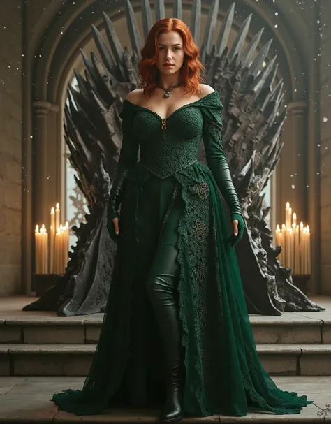 (fullbody shot:1.1): (long shot:1.1): (looks to viewer:1.1): generate landscape image, bright photo 1080P, beautiful XL-size woman 30-35 years 5.1ft with short dark red sort wavy hair her face is brightly lit, stands before the swords throne of Targaryen i...