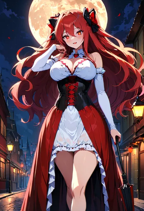 anime, bright colors, Персонаж Шалтир Блатфолен из anime OVERLORD,  Red big hair bow ,  Long Hair with a scythe ,  Curvy Dress with a corset ,  Striped black-red ,  red pupils , (Vampire :1.2),  Long folded umbrella in hand ,  Perfect Anatomy , Background ...