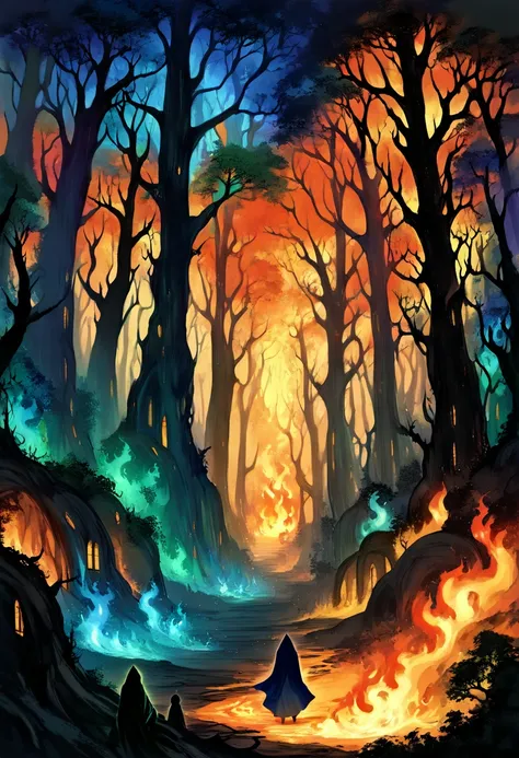 (Dense forest of thick, ancient trees enveloped in magical flames:1.5) (Fuego de colores blue, green and white danzando entre las copas y raíces:1.4) (Blackened but strangely intact trunks:1.3) (Houses hidden in the trees, partially illuminated by the supe...