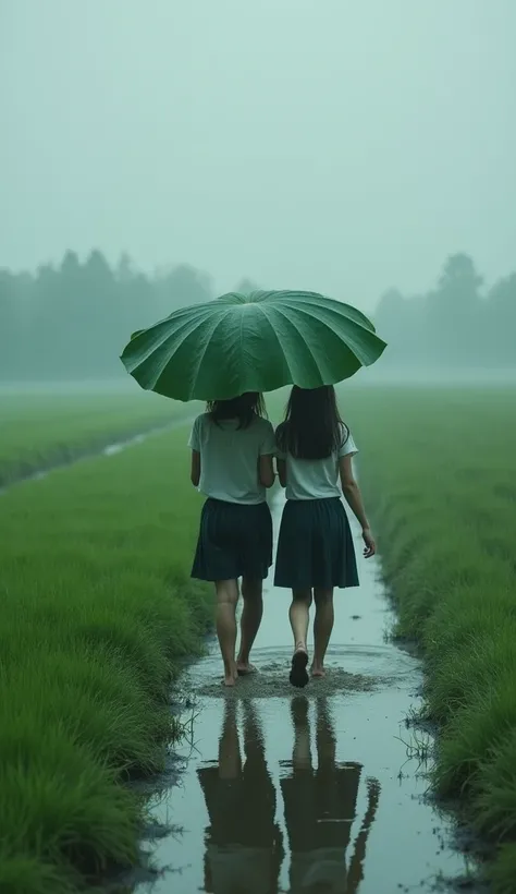 Two s after school ， walk fast in a field in the rain ，A  holds a large lotus leaf to cover the rain，mire，Muddy water splashing ，(rainstorm:11)， green field ， gray sky ， melancholy atmosphere ，Depth of Field， best quality ，masterpiece。