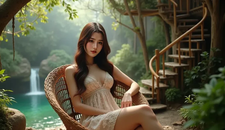 a beautiful Asian woman with long, wavy brown hair and fair skin, sitting on a wicker chair. very big breast. She is wearing a delicate, cleavage lace dress with floral patterns. The setting is an elaborate, fantasy-like treehouse with a spiral staircase a...