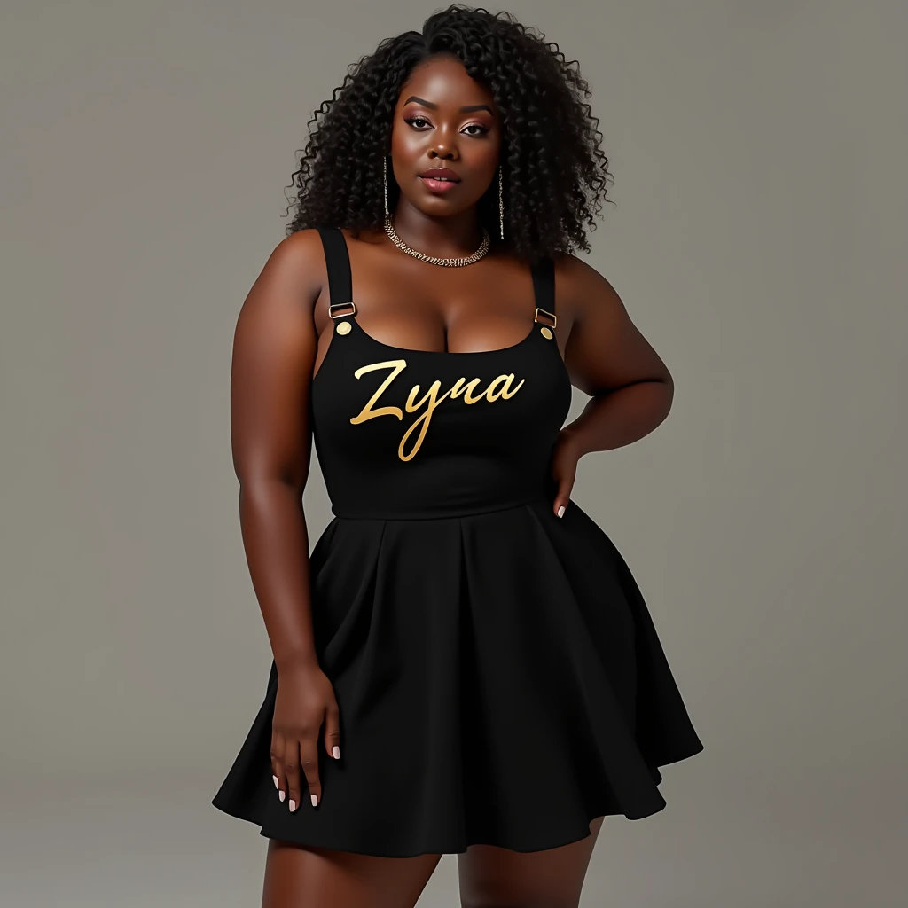 Design a sexy black pinafore dress with the word Zyra written in bold, elegant gold lettering across the chest. The dress features adjustable straps, a fitted bodice, and a flared skirt that falls just above the knees. Use a realistic Rwandan woman with da...