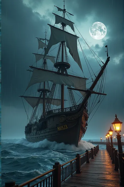 "A highly realistic and highly detailed 3D rendering of a majestic wooden sailing ship named MAFAZA anchored in a storm-torn harbor. The scene features a Death Star-like moon shining ominously in a dark, cloud-filled sky. After  Torrential rain falls with ...