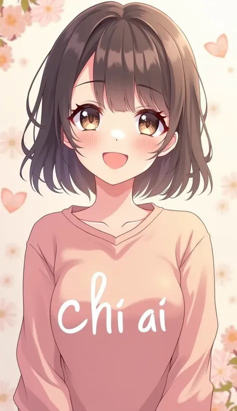 Anime girl Wearing clothes with Chii Ai written on them, short hair smiling, aesthetic background 