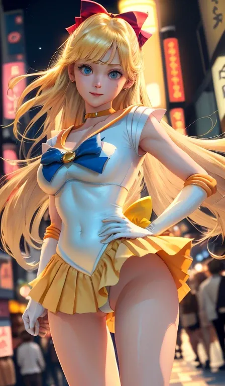 Best Quality, High Resolution, Venus 1, 1Girl, 12yo,Solo, Sailor Senshi Uniform, Sailor Venus: 1.3, Minako Aino, Blonde, Magical Girl, Blue Eyes, Orange Skirt, Elbow Gloves, Collar, Pleated Skirt, Ribbon, Orange Sailor Color, Orange Miniskirt: 1.3, Choker,...