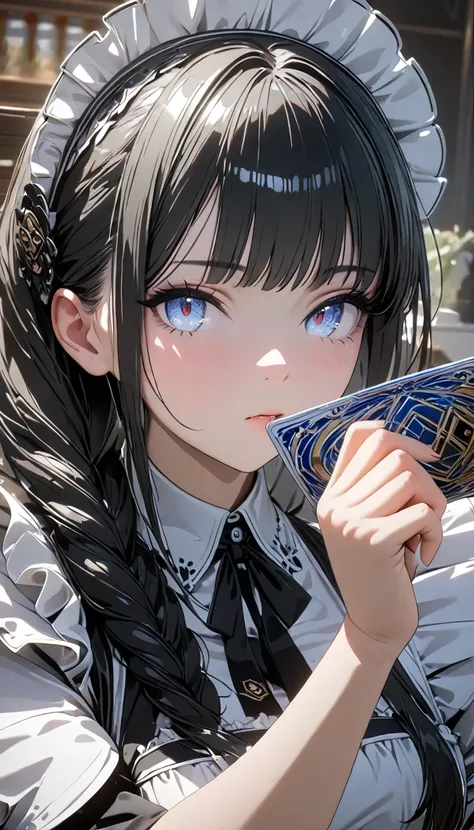 ((best quality)), ((masterpiece)), (detailed), perfect face, ((Best quality, 8k, Masterpiece: 1.3)), Sharp focus, Highly detailed face and skin texture, Detailed eyes, Maid apron, white brim, maid lady, black hair, hair over shoulder, playing Trading Card ...