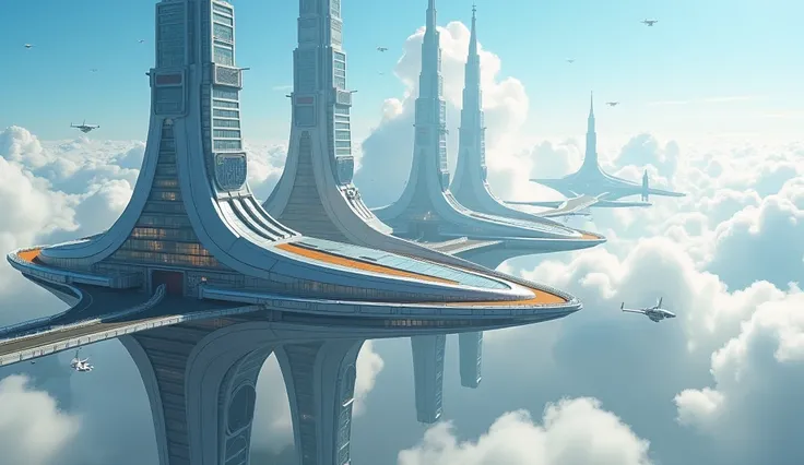 "A futuristic floating city in the sky with advanced propulsion engines and levitation technology. The city features luxurious accommodations and floating theme parks. The skyline is filled with towering, sleek buildings suspended in mid-air, connected by ...