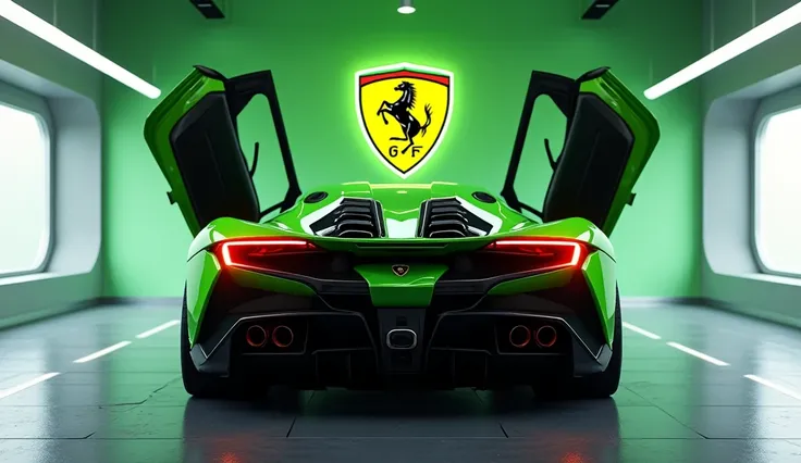 A stunning 2025 Lamborghini V12 GT supercar captured from the rear view, showcasing its aggressive and  aerodynamic design in a sleek, high-tech showroom. The car is painted in Ferraris iconic glossy green color, with its signature scissor doors fully open...