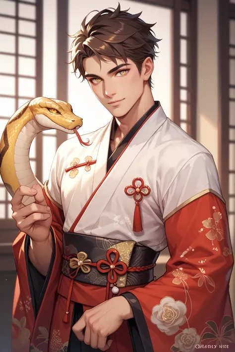  A handsome oriental man with the body of a snake,  brown hair and yellow eyes , dressed in oriental clothes 