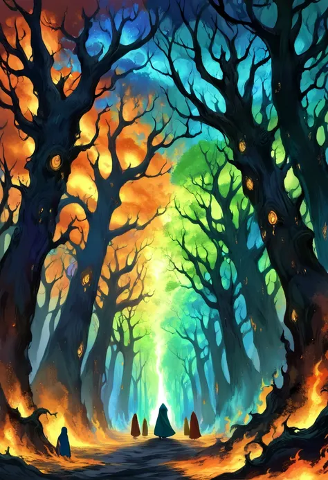 (Dense forest of thick, ancient trees enveloped in magical flames:1.5) (Fuego de colores blue, green and white danzando entre las copas y raíces:1.4) (Blackened but strangely intact trunks:1.3) (Houses hidden in the trees, partially illuminated by the supe...