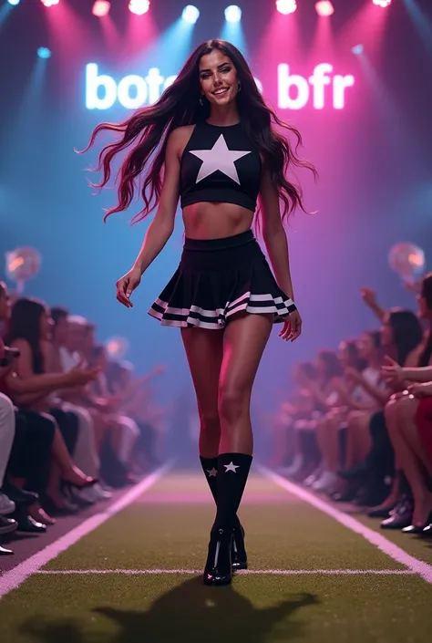   A beautiful cheerleader with long black hair  ,   dressed in a black blouse with a white star in the center  ,   black striped skirt with white hem and black socks    ,  high heels ,    Parading luxuriously down a runway placed in the center of a soccer ...