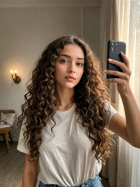 Long Curly-Haired Girl Taking a Selfie Without Showing Her Face, Focusing on the Silhouette
This girl has long, natural curly hair that falls loosely, giving off a casual yet elegant vibe. The selfie focuses on her side profile or back, avoiding a full-fac...