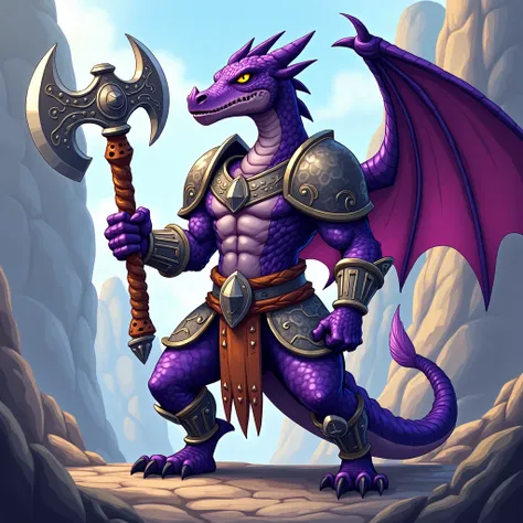 Paladin Dragonborn race with amethyst scales, black eyes and clothes in chain mail . anfas, full height. without magic and holding Battle-axe in hand and in cartoon drawing