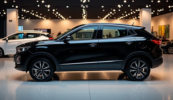 A side view of 2025 tata tigor black colour in show room 