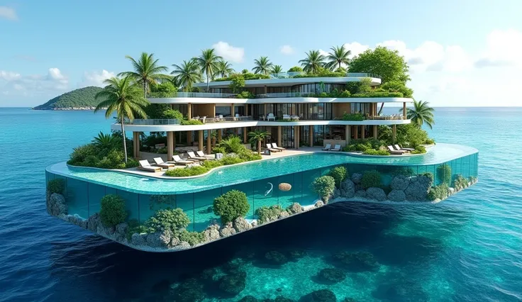 "Imagine a futuristic floating resort over the ocean, with transparent glass floors and large windows offering stunning views of the sea. Visitors can dive directly into the water from the resort without needing submarines. The resort is built on platforms...