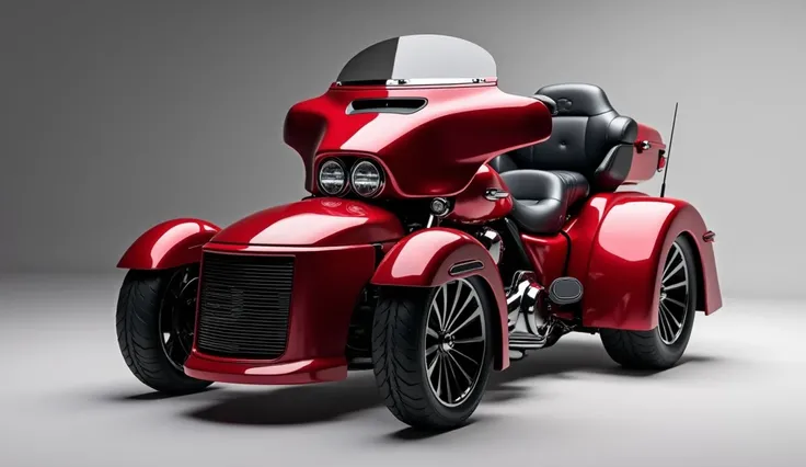 Generate a high-resolution, fully realistic image of a ( 2025 Harley Davidson tri Glide ultra ) in ( Color )dark red , with a sleek and modern exterior, futuristic wheels, and a shimmering body color, displayed in a luxurious . The image should be highly d...