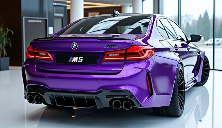 Close back view of painted purple with shiny clour 2025 BMW M5 sleek in large shape sedan in large size with  BMW logo on its large detailed grille in shiny purple clour with angular sporty design captured from close back view with modified sleek backlight...