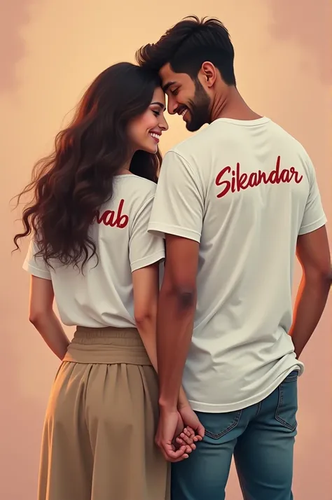 Create a beautiful couple holding hand wearing shirts girl shirt display Zainab name and boy shirt display Sikandar name plz full view image names can be seen 