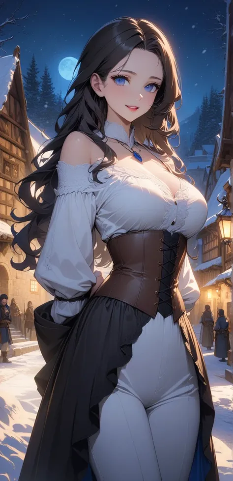 top-quality、anime style, Top image quality、 without bangs, no bangs, no bangs, forehead without bangs, woman with((big bust、Bust 95,Beautiful blue eyes、without bangs, black hair、long legs, sapphire necklace, hands behind her back, without bangs, smile, cur...