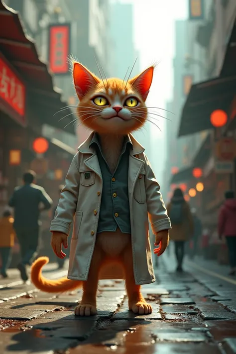 Generate a high quality 3D image:An orange cat zombie wear scientist coat and standing in open market city and people run to see them 