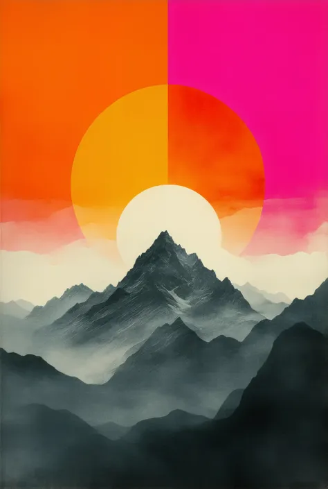 A striking and surreal composition featuring a rugged, hand-drawn mountain range with sketch-like textures that exude a raw, organic feel. Above the peaks, a radiant sun erupts into hypnotic, kaleidoscopic swirls of neon orange, electric pink, and vibrant ...