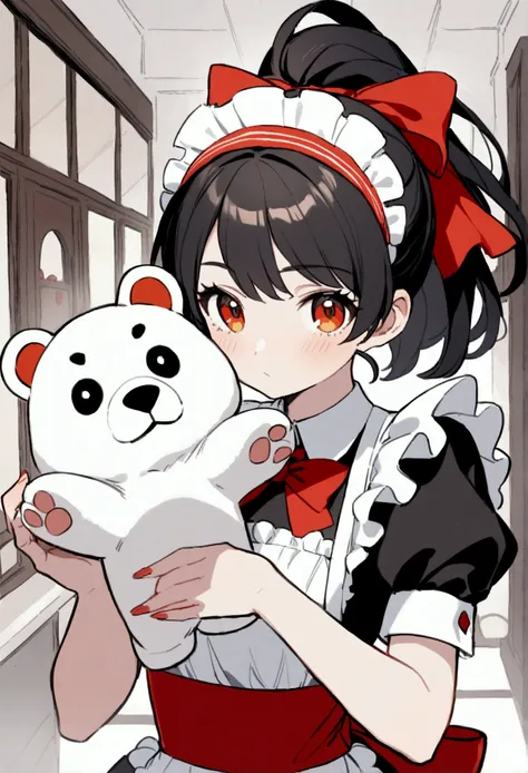 
 A two-headed q version girl ， black hair ponytail ， amber eyes，Red bow tie ，Wearing maid outfit， holding a polar bear puppet