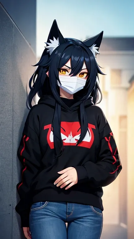 Anime Wolf Female With Black Body, Cyan Hair, Yellow Eyes, Wearing Black Mask, Red Sweatshirtand Blue Jeans.
