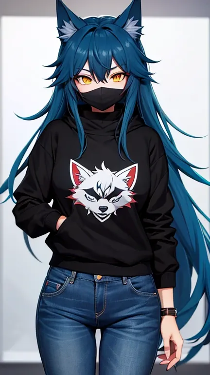 Anime Wolf Female With Black Body, Cyan Hair, Yellow Eyes, Wearing Black Mask, Red Sweatshirtand Blue Jeans.
