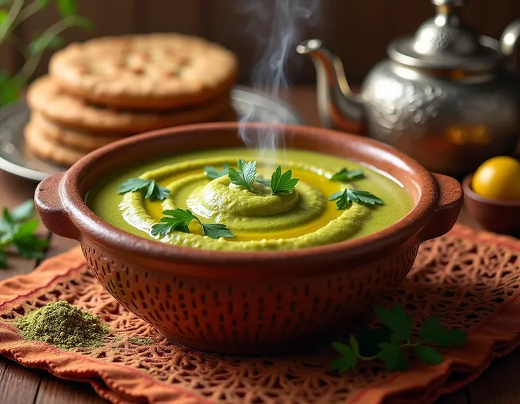 A Moroccan basara dish illustrated with authentic details. The dish shows a traditional ceramic bowl containing hot, smooth basara in a rich green color, decorated with local olive oil and coriander leaves or ground cumin. The bowl is surrounded by element...