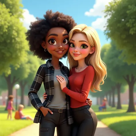 A detailed and polished3d Illustration pixar animated-style Pixar-style animated of a loving lesbian couple standing closely together in a serene park setting.

The woman has a warm dark brown skin tone and a well-groomed appearance. She has a beautiful ov...