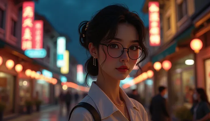 I imagine an attractive 19-year-old, Light brown eyes and wears glasses,  dark brown hair and elegant hairstyle,  white skin ,  is walking around town at night , (very realistic)