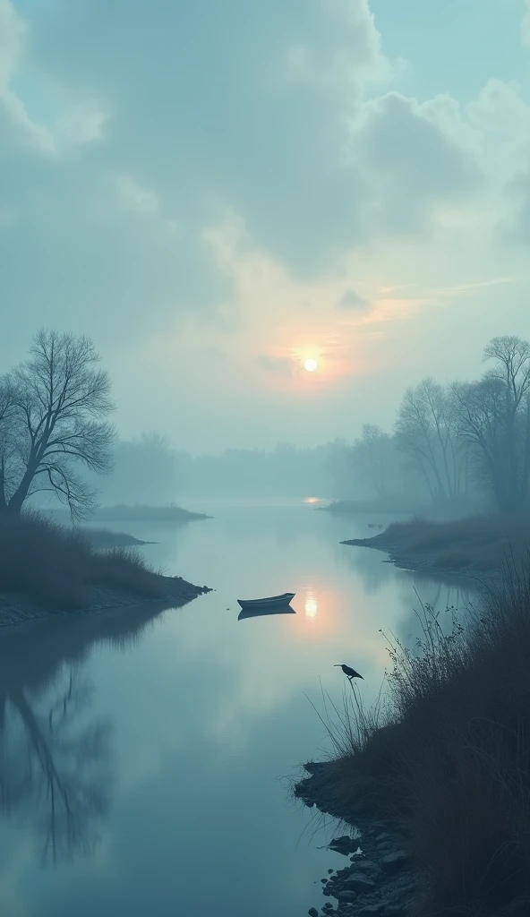   
A tranquil landscape at twilight, where a serene river flows gently along a soft, misty shoreline. The air is still, with a hint of chill, and the atmosphere feels profound and reflective. A solitary boat drifts aimlessly on the river, its destination u...