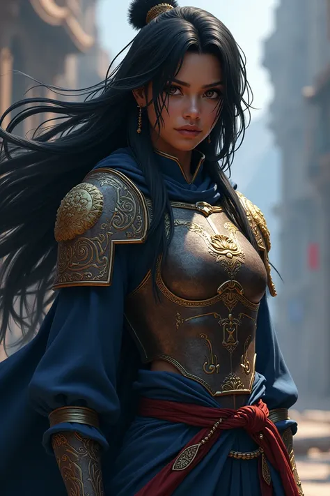 Black character from the game Free Fire with a breastplate from UZUI TENGEN wearing a dark blue calsa with a white sapeu and long black hair.