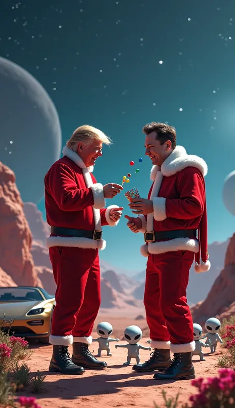 Donald Trump and Elon Musk, dressed in futuristic Christmas-themed outfits with festive colors but not Santa suits, are standing on the surface of an alien planet with strange landscapes and glowing plants. They are happily eating tiny, colorful round cand...