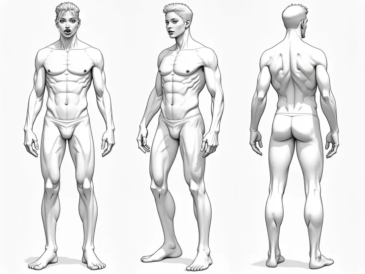 Model sheet, three poses (Front T, Side profile, Back0, Full body