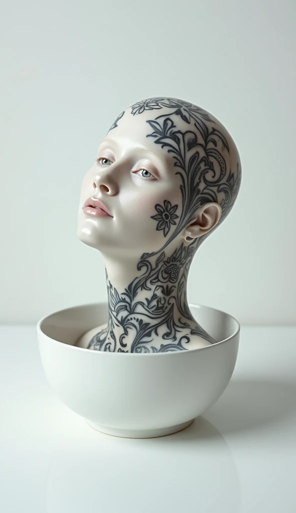 head on a white porcelain dish, tattoos, artwork, very beautiful, detailed, professional photo