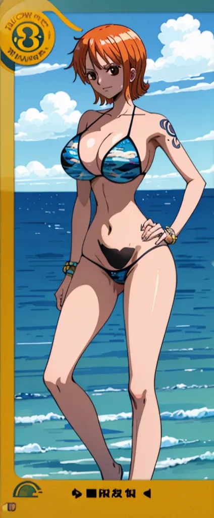 Nami, who has big breasts and beautiful legs, is standing blushing with her hands on her lower back in a silver bikini。